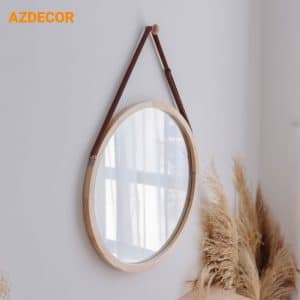 Gương tròn viền gỗ thông dây da