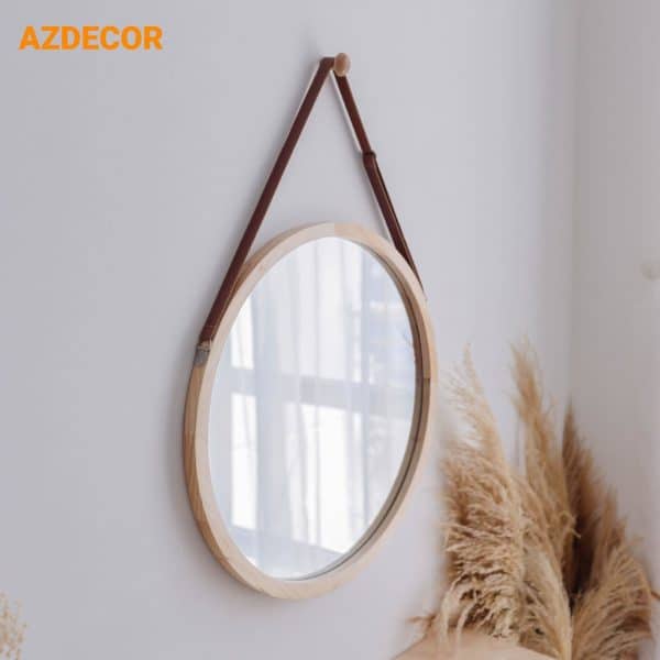 Gương tròn viền gỗ thông dây da