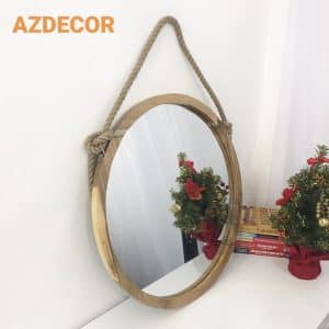 Gương tròn viền gỗ thông dây thừng